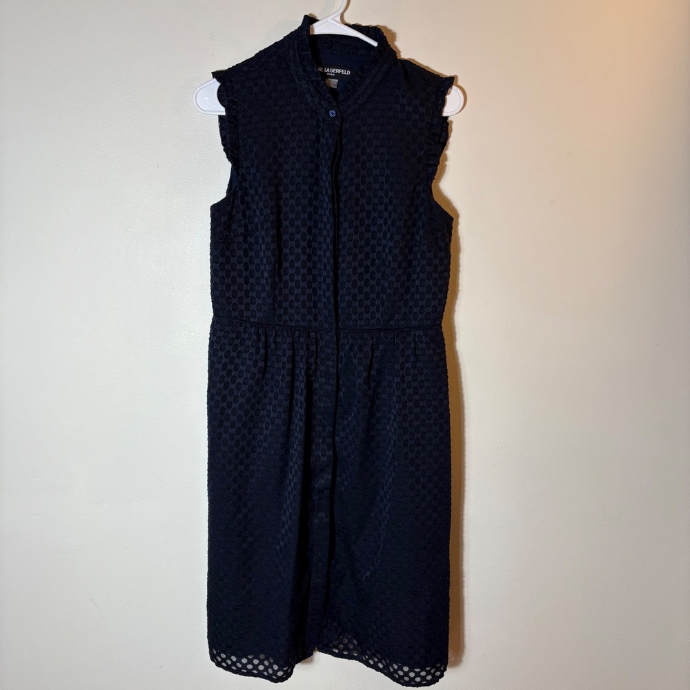 Karl Lagerfeld Navy Blue Textured Polka Dot Sleeveless Button Front Dress Size 6